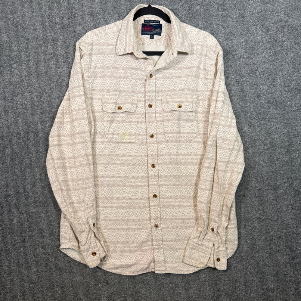 Old Navy Vintage Flannel Shirt Mens Large Tan Geometric Tribal Aztec Regular Fit